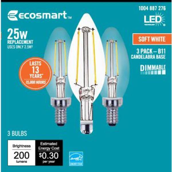 EcoSmart 25-Watt Equivalent B11 Dimmable E12 Candelabra ENERGY STAR Clear Glass Vintage LED Light Bulb Soft White (3-Pack) FG-04064