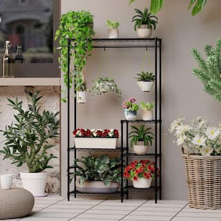 6-Tiers 16 Pots Metal Storage Rack Planter with Hanger Rod for Living Room Balcony and Garden Black B09MCVM9MV