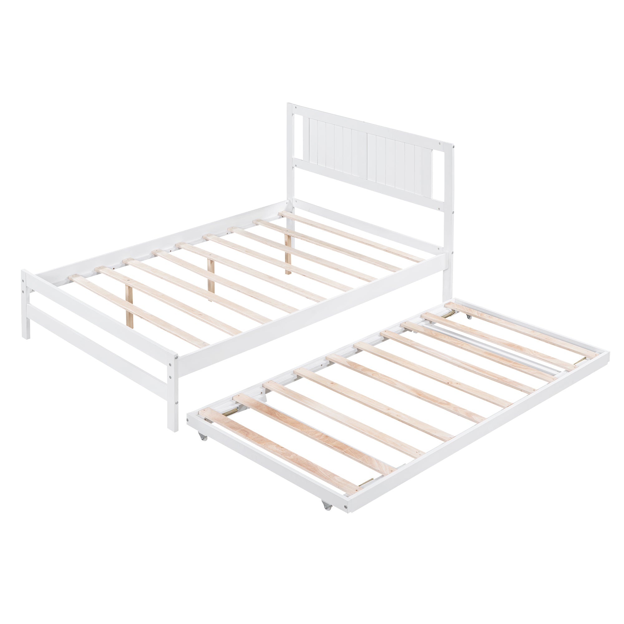 Platform Bed with Trundle Frame Set, Wooden Bed Frame with Headboard for Bedroom for Kids, White