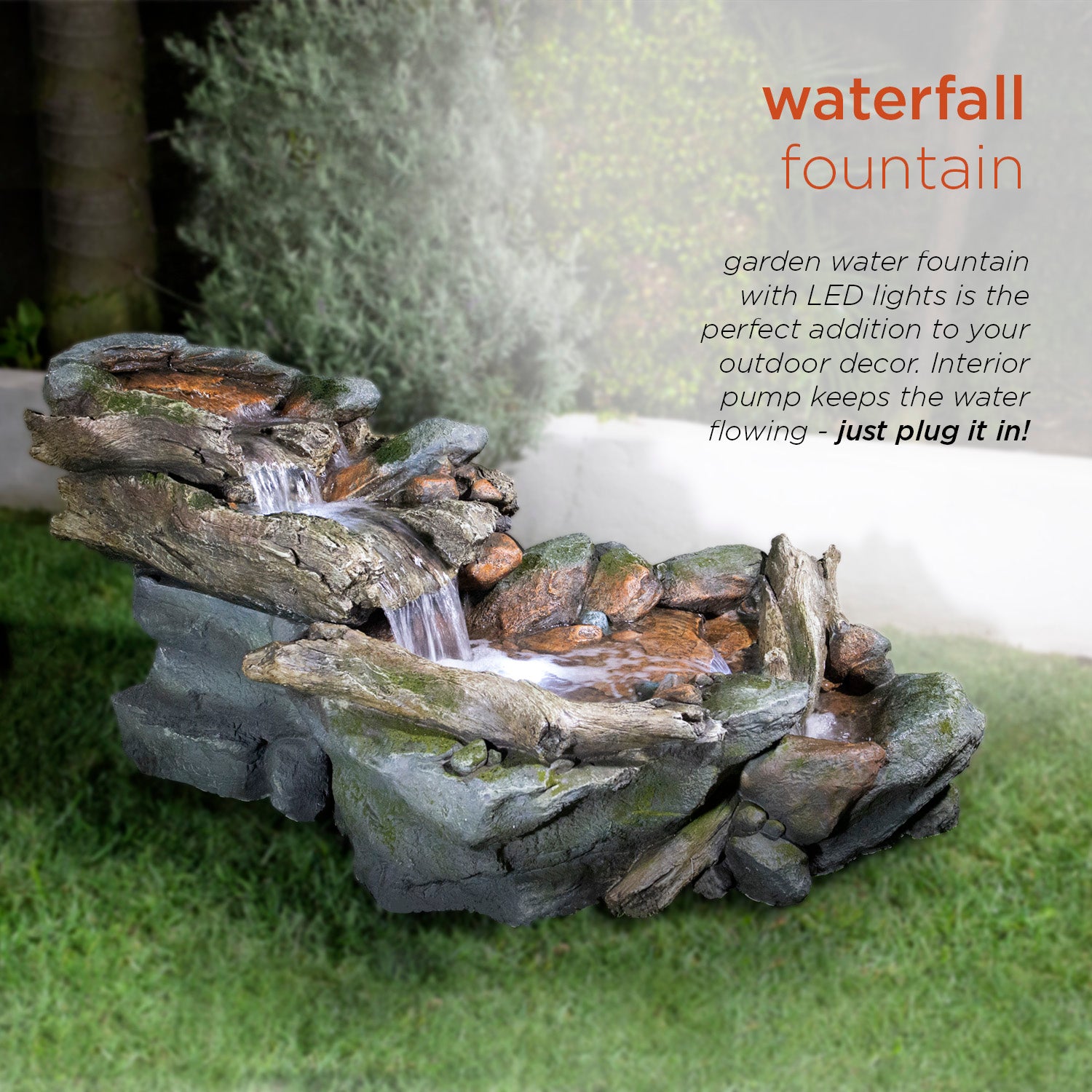 Alpine Corporation Outdoor 3-Tier Rainforest Rock Water Fountain with LED Lights