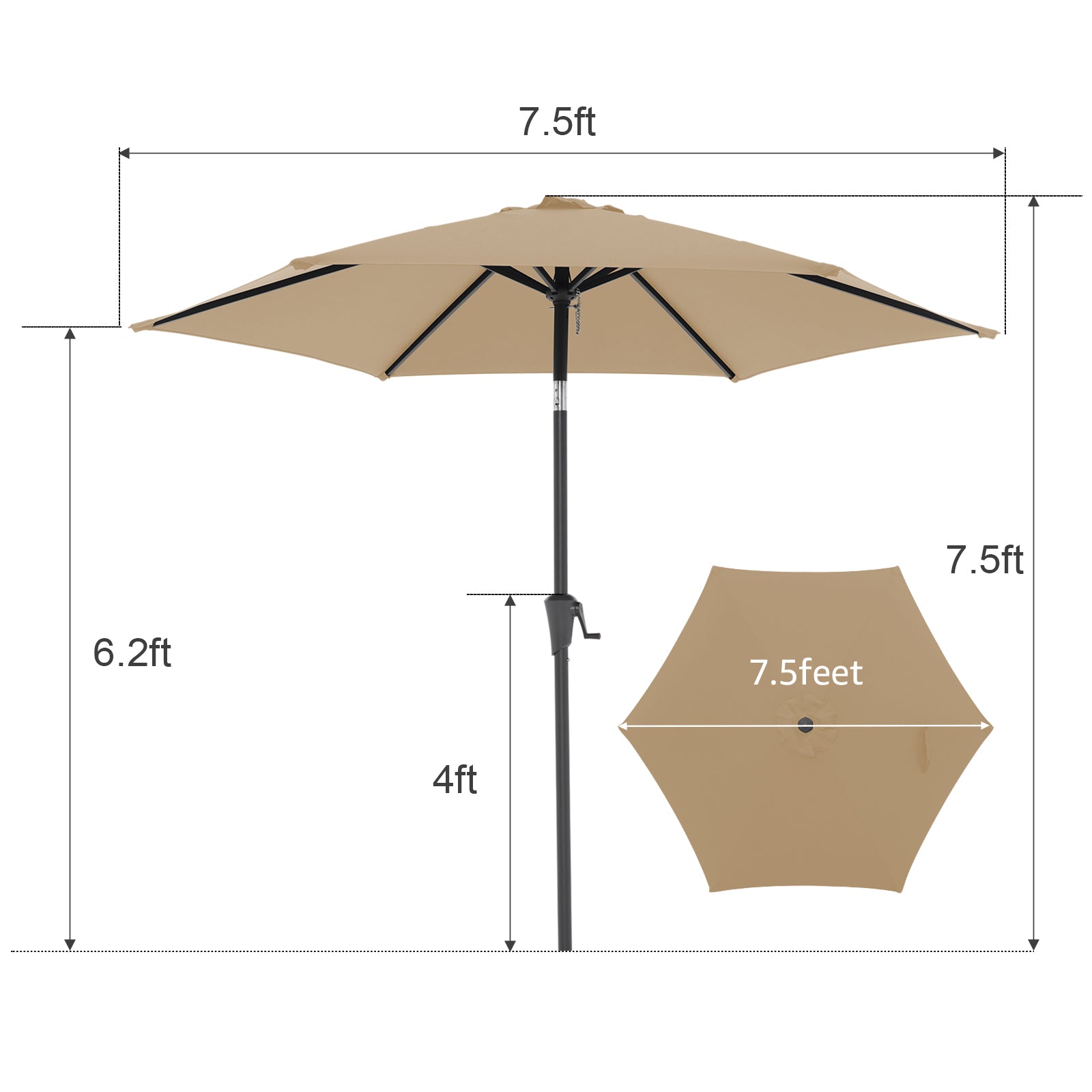 7.5 ft Patio Umbrella Outdoor Table Market Umbrella with Push Button Tilt and Crank, 6 Ribs, Beige