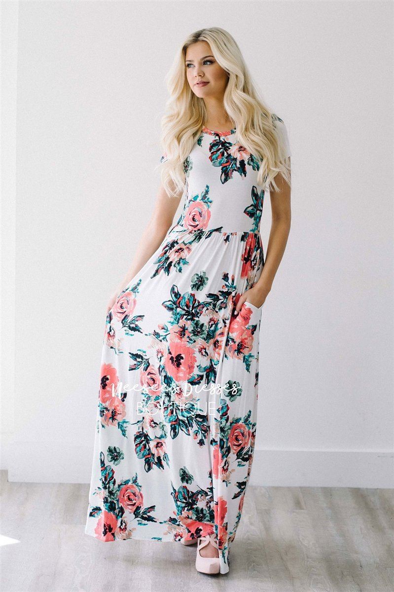 Ivory Watercolor Short Sleeve Maxi Dress