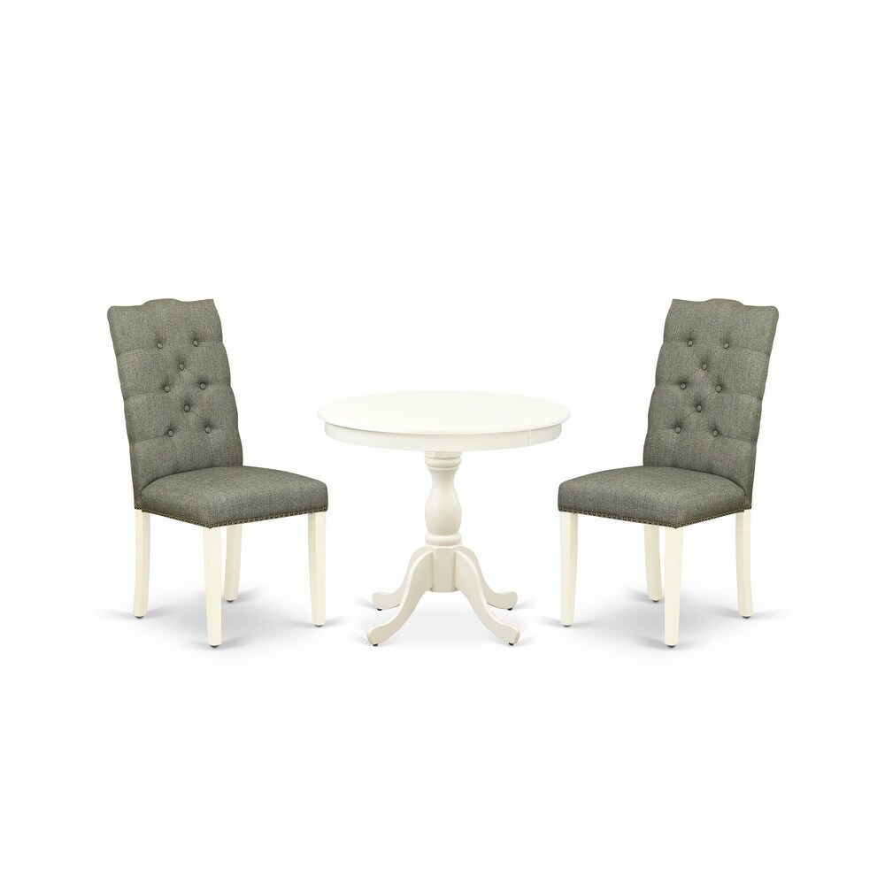 East West Furniture 3 Piece Kitchen Table Set  A Round Dining Room Table and 2 Linen Fabric Chairs (Finish Options)