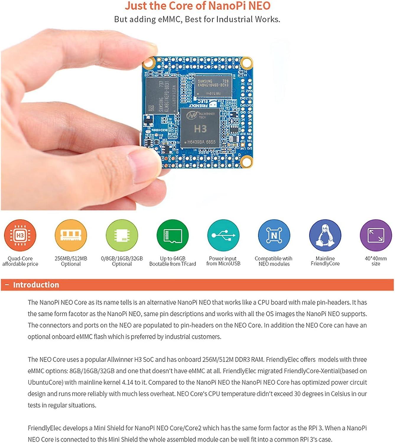 For NanoPi NEO Core 512M+8G Allwinner H3 Ultra-Small Core Board -Core -A7 IoT Development with Heat Sink