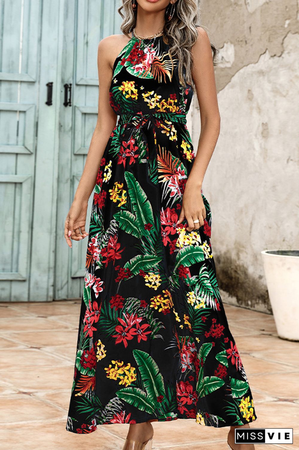 Floral Print Halter High Waist Maxi Dress Wholesale