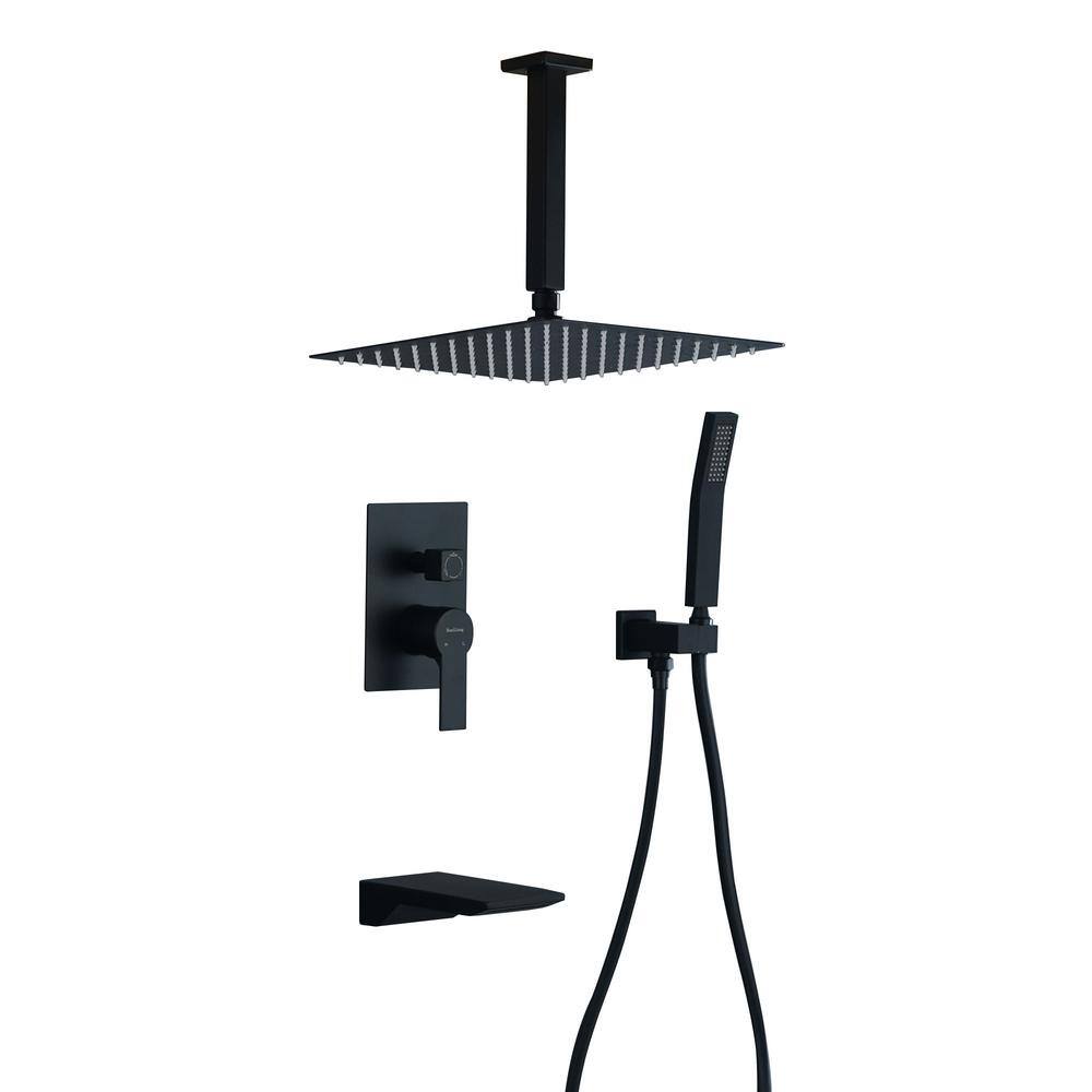 Boyel Living Ceiling Mount Single-Handle 1-Spray Tub and Shower Faucet with 12 in. Fixed Shower Head in Matte Black (Valve Included) SMD-88017B-12