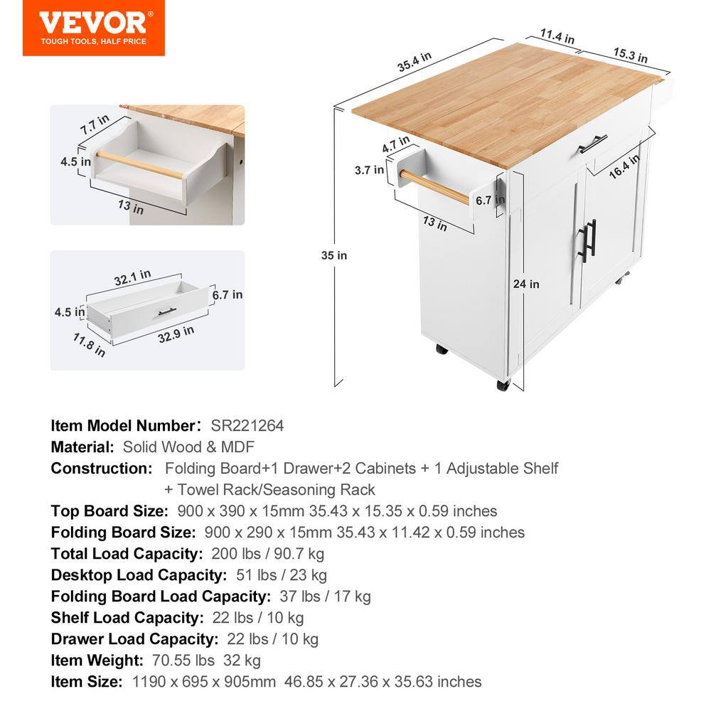 VEVOR Kitchen Island Cart Top 35.4 in. W Mobile Carts with Storage Cabinet Rolling Kitchen Carts White YDKCFDXJMDB12OVNIV0