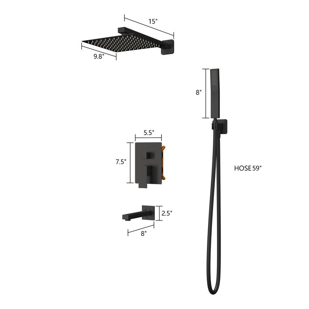 Kingdely 3-Spray Patterns Wall Bar Shower Kit With Hand Shower and 9.8 in. Square Rain Shower Head With Valve in Matte Black LBB-KF020287-01-c