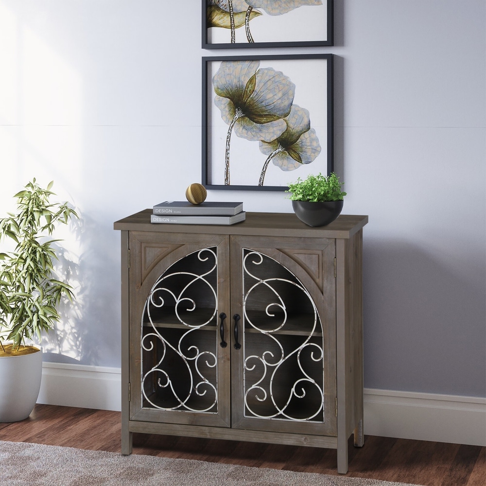 Vintage Wire Hollowed Window Accent Storage Cabinet with 2 Doors