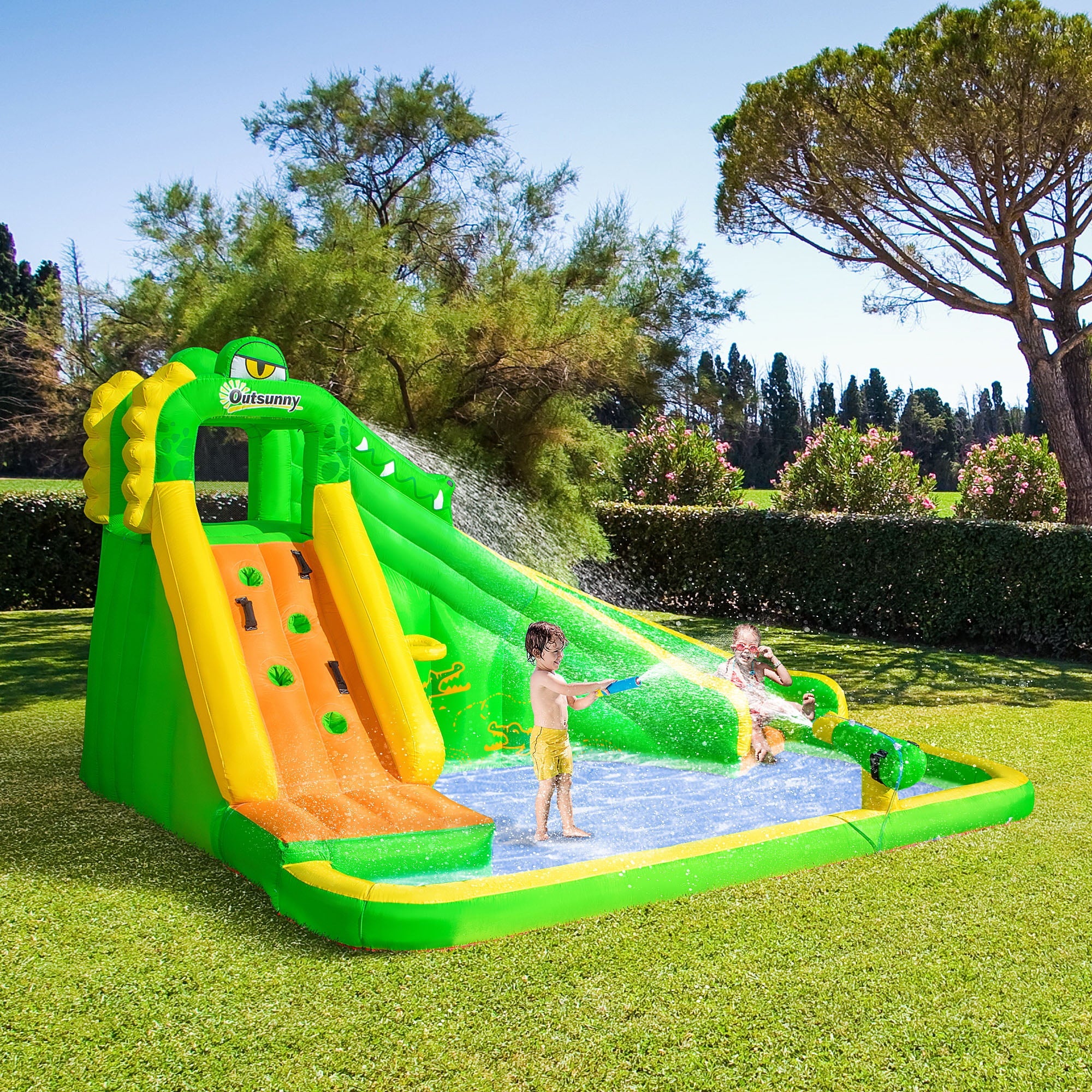 Outsunny 5 in 1 Inflatable Water Slide, Crocodile Style Water Park Bounce House Castle with Slide, Pool, Hoop, Water Cannon, Climbing Wall, Include Air Blower