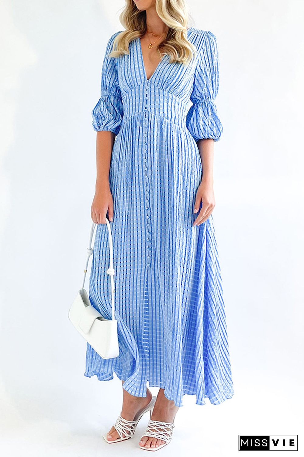 Eyelet Checked Button Up Long Split Dress