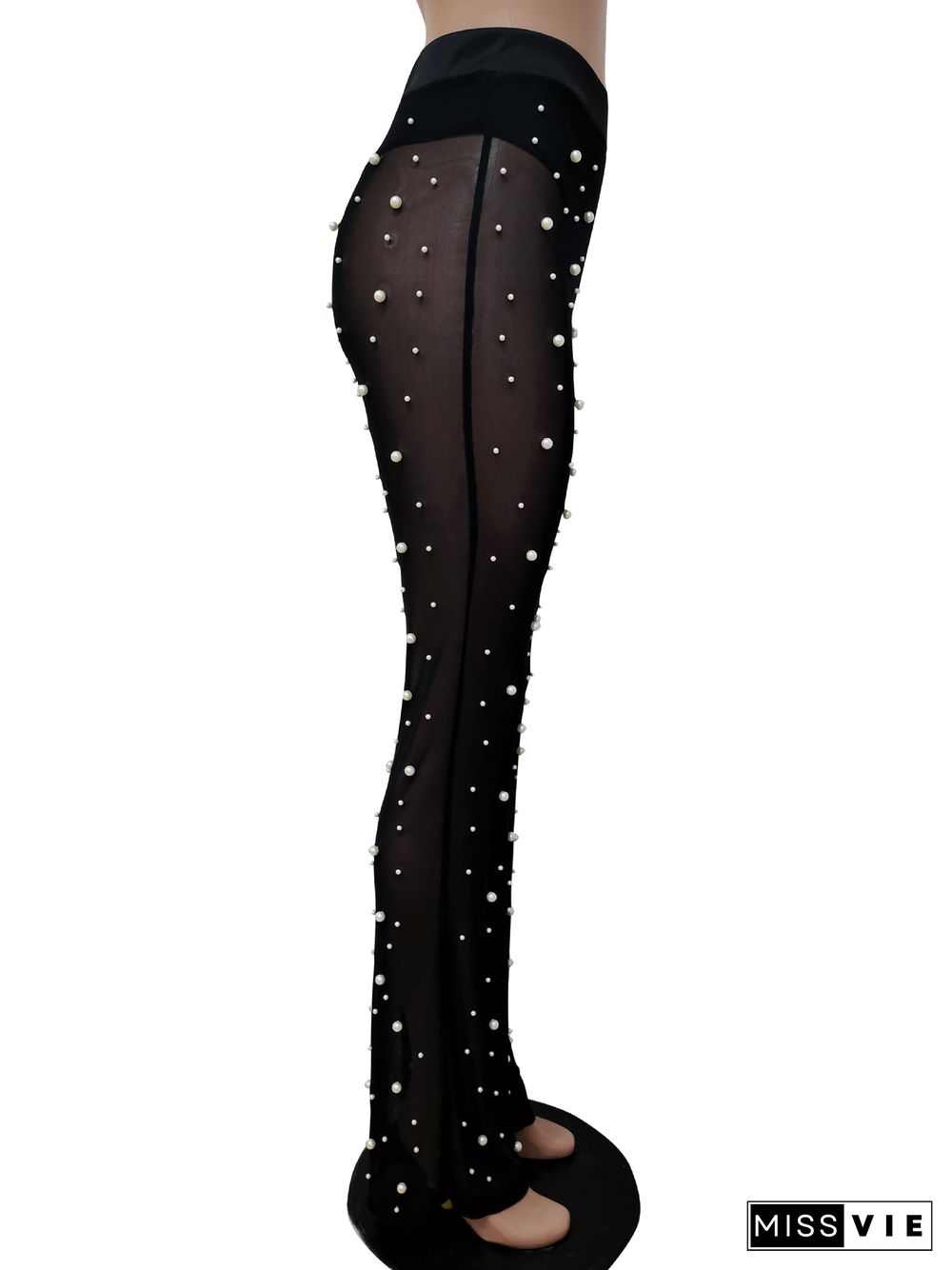 Sexy Beading Sheer Mesh Long Pants