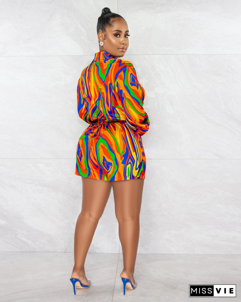 Turn Down Collar Causal Long Sleeve Print Rompers