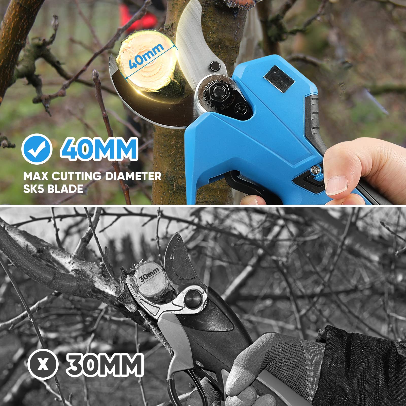 Electric Pruning Shears 40mm, Seesii Cordless Tree Pruner Heavy Duty w/ 2x 2.0Ah Rechargeable Battery & Replacement Blade