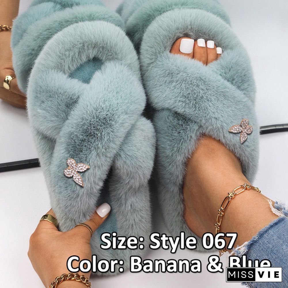 Fluffy Warm Women Home Slippers Fur Rhinestone Crystal Platform Shoes Indoor Flip Flops Female Soft Casual Slides Cotton Fur Slippers