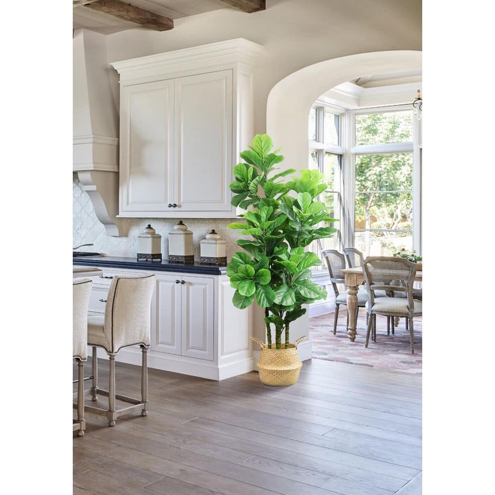 HOMLUX 72 in. Tropical Faux Artificial Fiddle Fig Tree Plants with 131 leaves ， Woven Seagrass Basket， Black Pot F6BD004A29