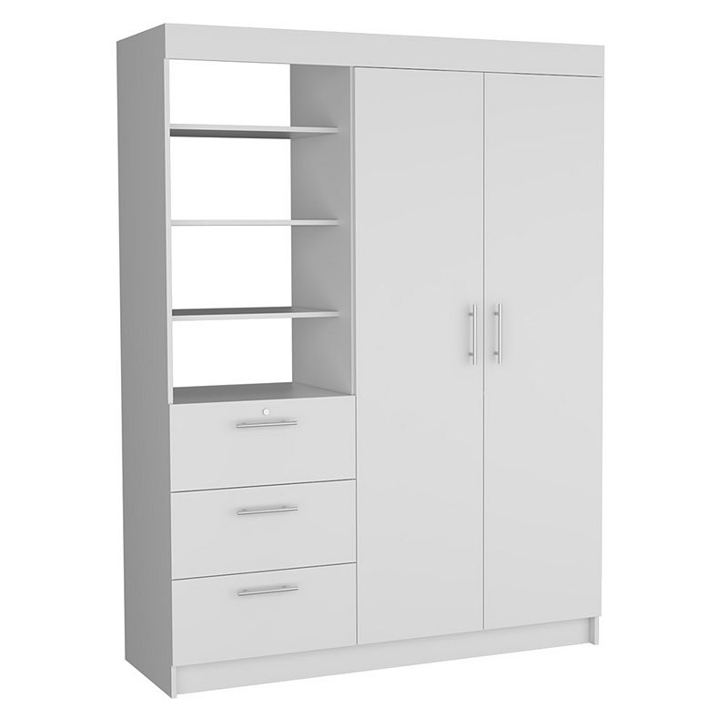 DEPOT E-SHOP Laurel 3-Tier Shelf and Drawers Armoire with Metal Handles， White