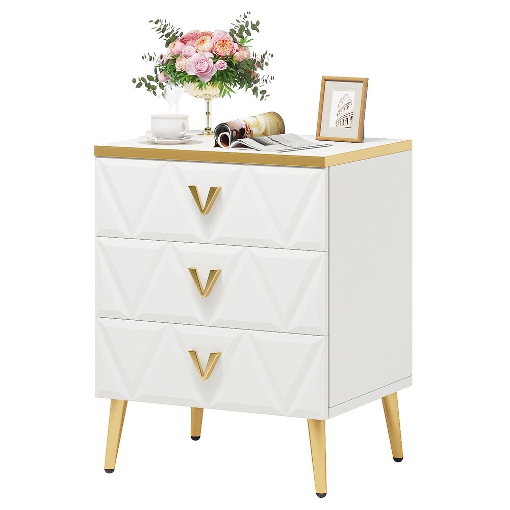 Modern 3 Drawer Nightstand  White Gold Sofa End Table Bedside Table with Storage