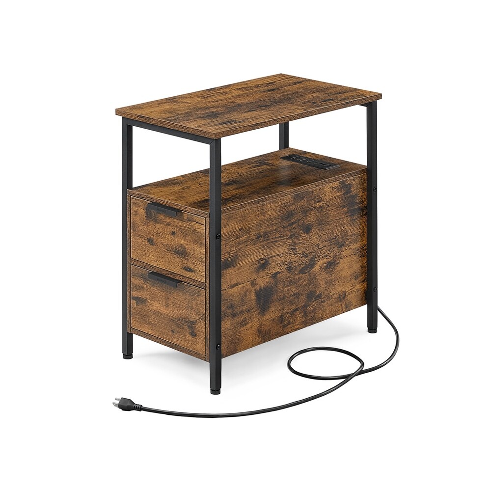 Slim Side Table Nightstand End Table with 2 Drawers and Charging Station for Small Spaces   23.6” x 13.8” x 24”