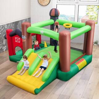 Costway Farm Themed Inflatable Castle Kids Bounce House with Double Slides and 750-Watt Blower NP10750+ES10151US