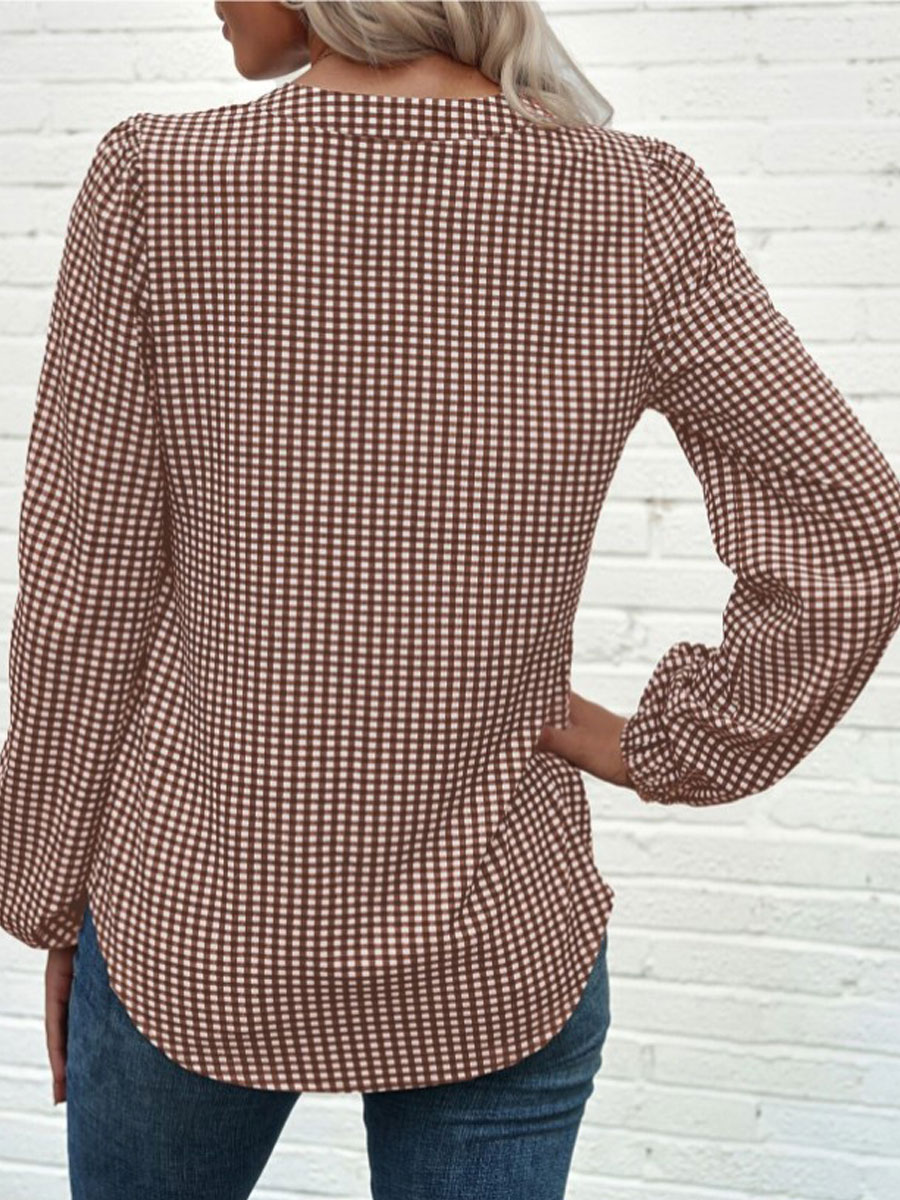 V-neck Casual Loose Check Print Long Sleeve Blouse