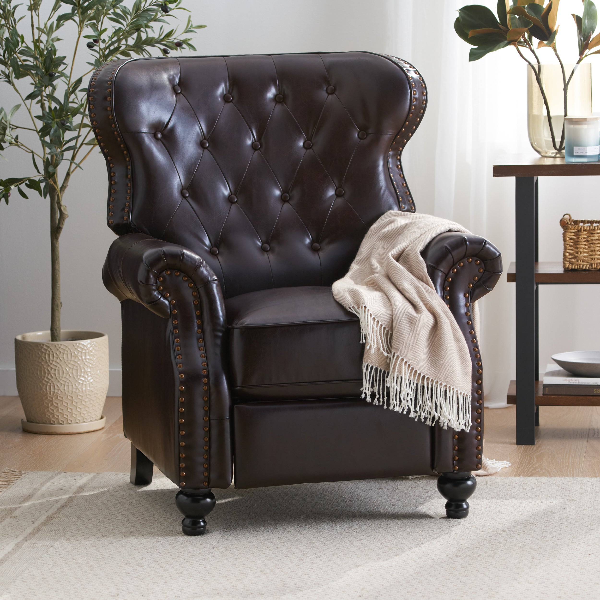 Walder Contemporary Tufted Recliner with Nailhead Trim, Brown and Dark Brown