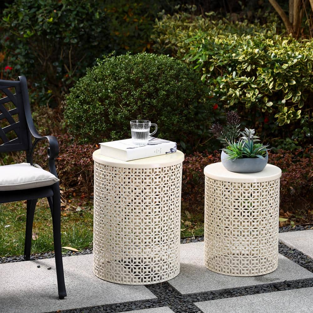 Glitzhome Multi-Functional Metal Cream White Garden Stool or Planter Stand or Accent Table or Side Table (Set of 2) GH2003800006