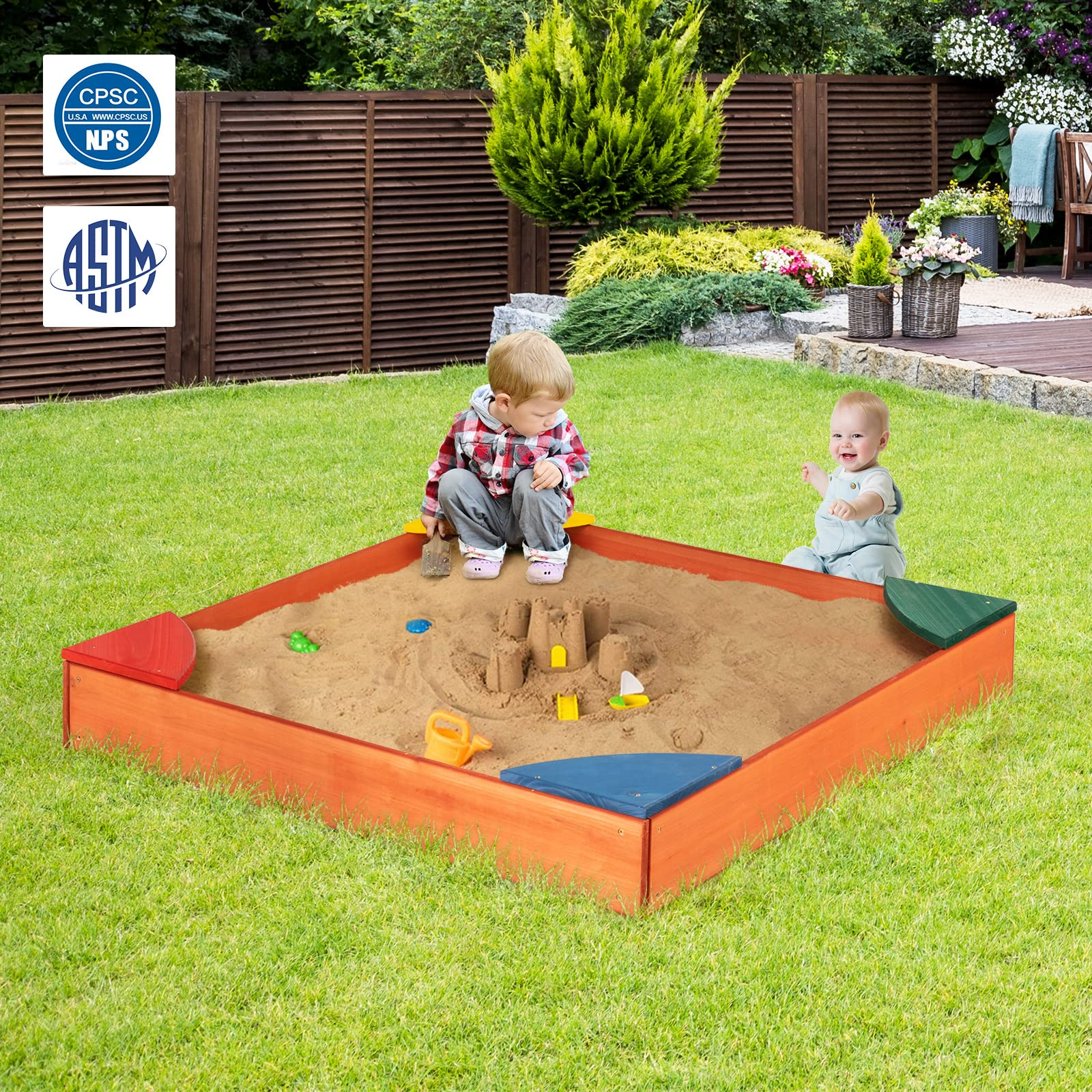 Costzon Kids Wooden Sandbox, Outdoor Sand Pit with Bottomless Structure & 4 Built-in Corner Seats