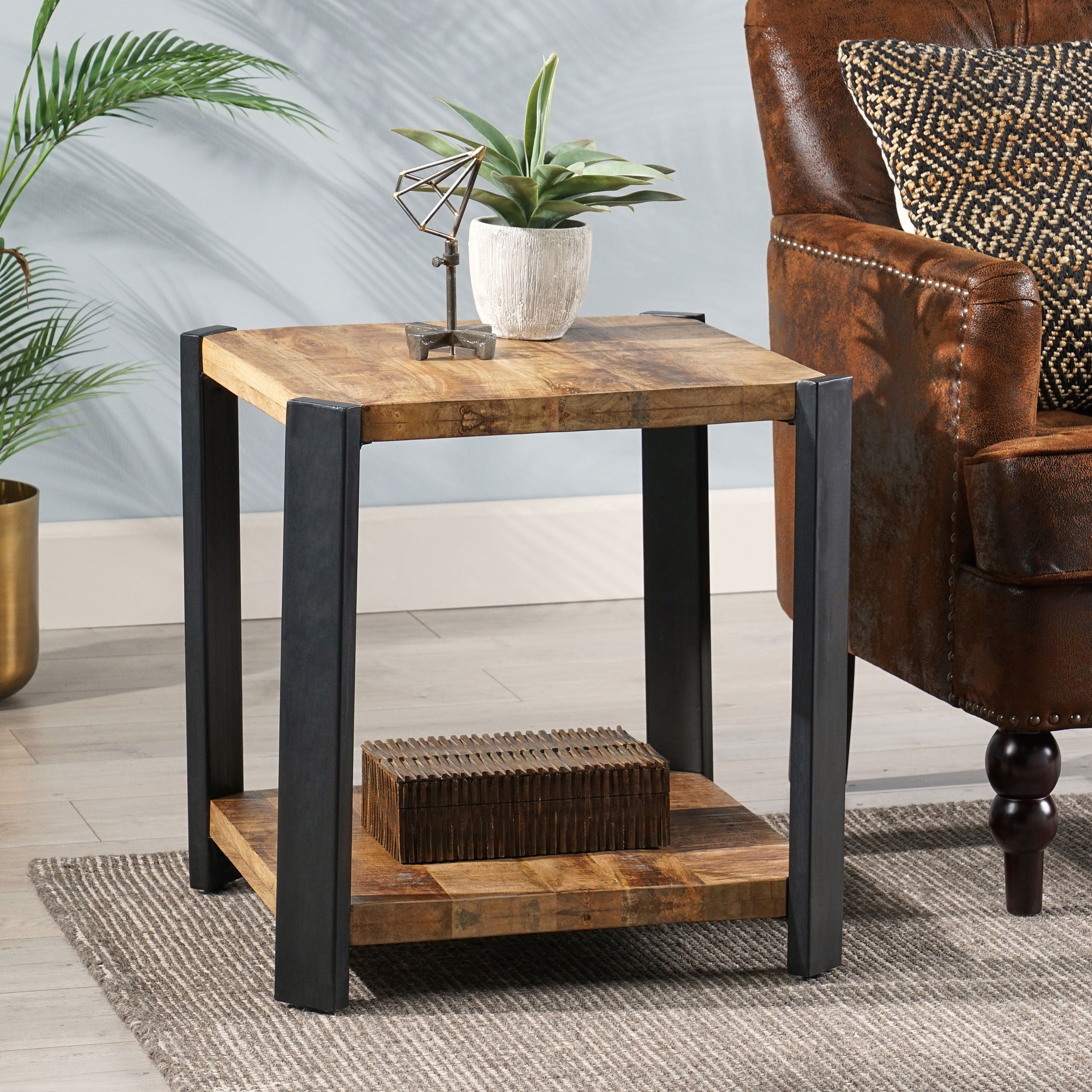 Larslan Modern Industrial Handcrafted Mango Wood Side Table, Natural and Black