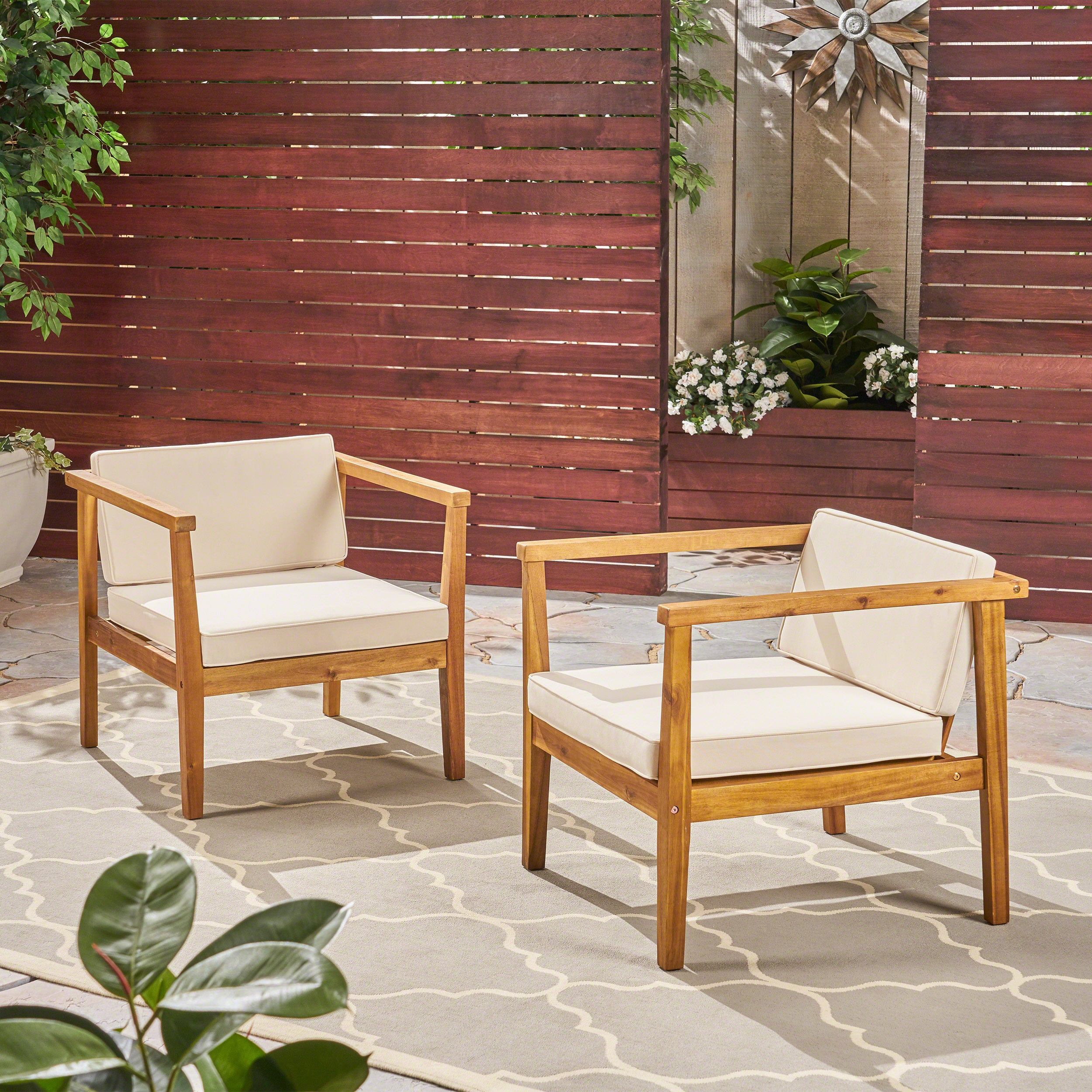 Thomson Outdoor Acacia Wood Club Chairs with Water-Resistant Cushions (Set of 2)