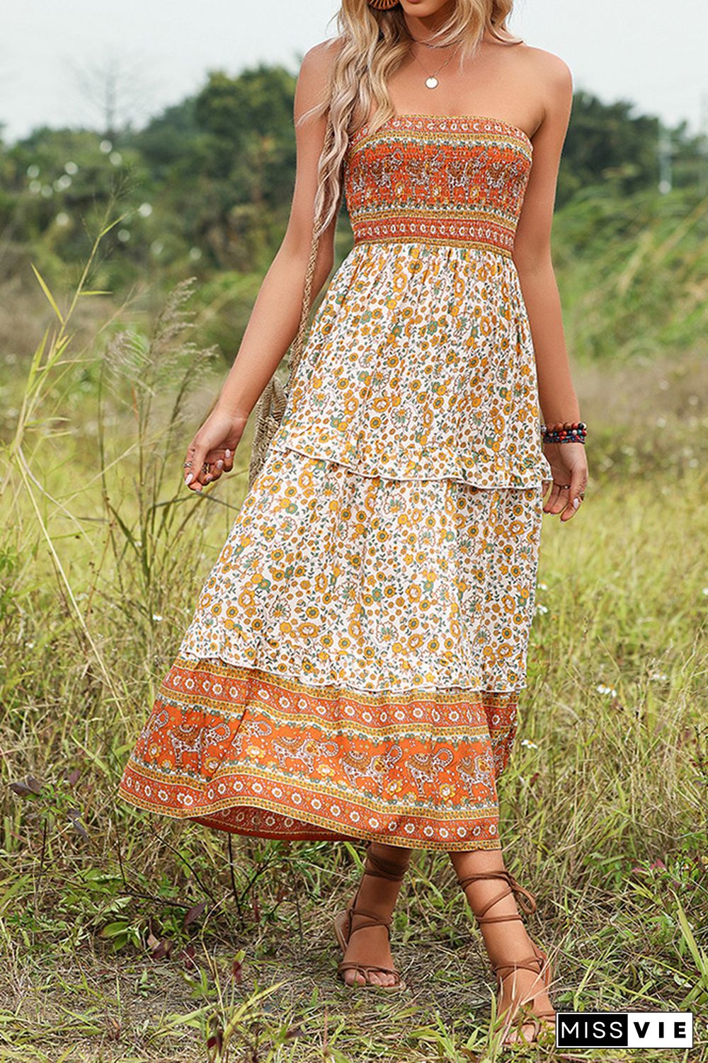 Orange Floral Smocked Bandeau Tiered Maxi Dress