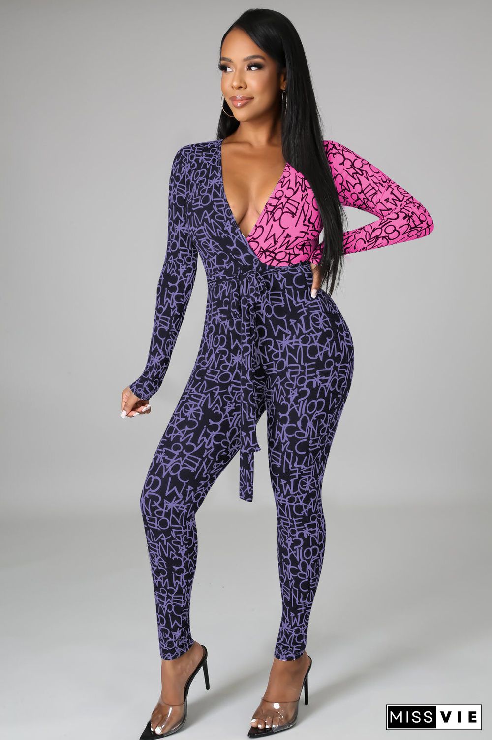 Sexy Letter Print Patchwork Long Sleeve V Neck Lace Up Bodycon Fall One Piece Womens Jumpsuits