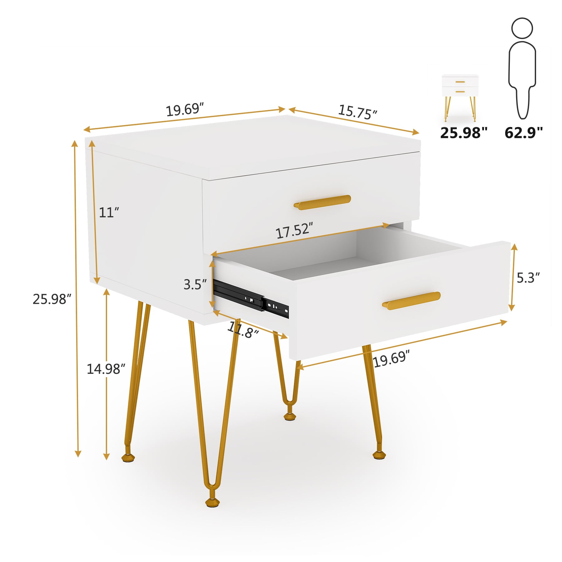 Tribesigns 2-Drawer White and Gold Nightstand, Set of 2, Bedside Table with Splayed Hairpin Metal Legs