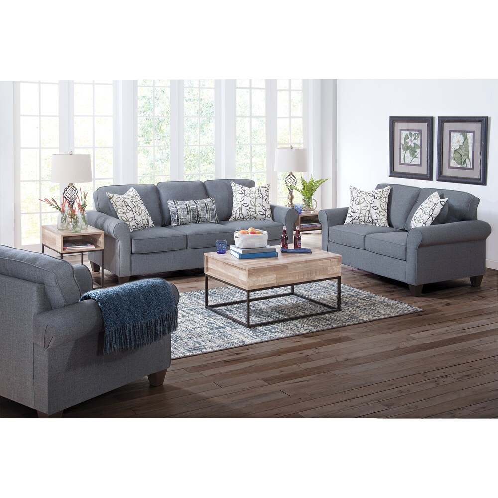 American Furniture Classics Model Classic Cottage Series Blue Fabric Sofa with Rolled Arms and 3 Accent Pillows