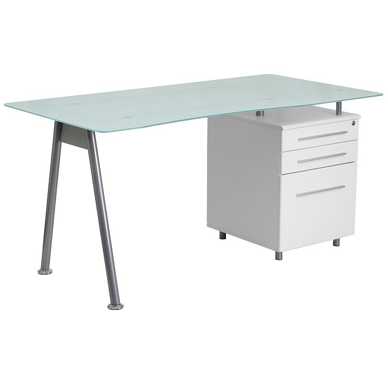 Emma and Oliver Glass Computer Desk with Three Drawer Pedestal