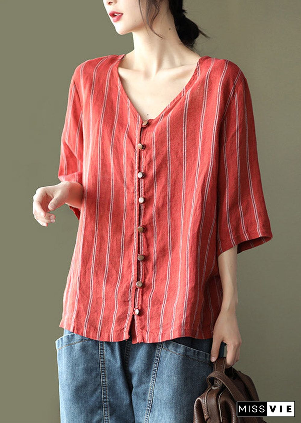 Red V Neck Striped Button Linen Shirts Half Sleeve