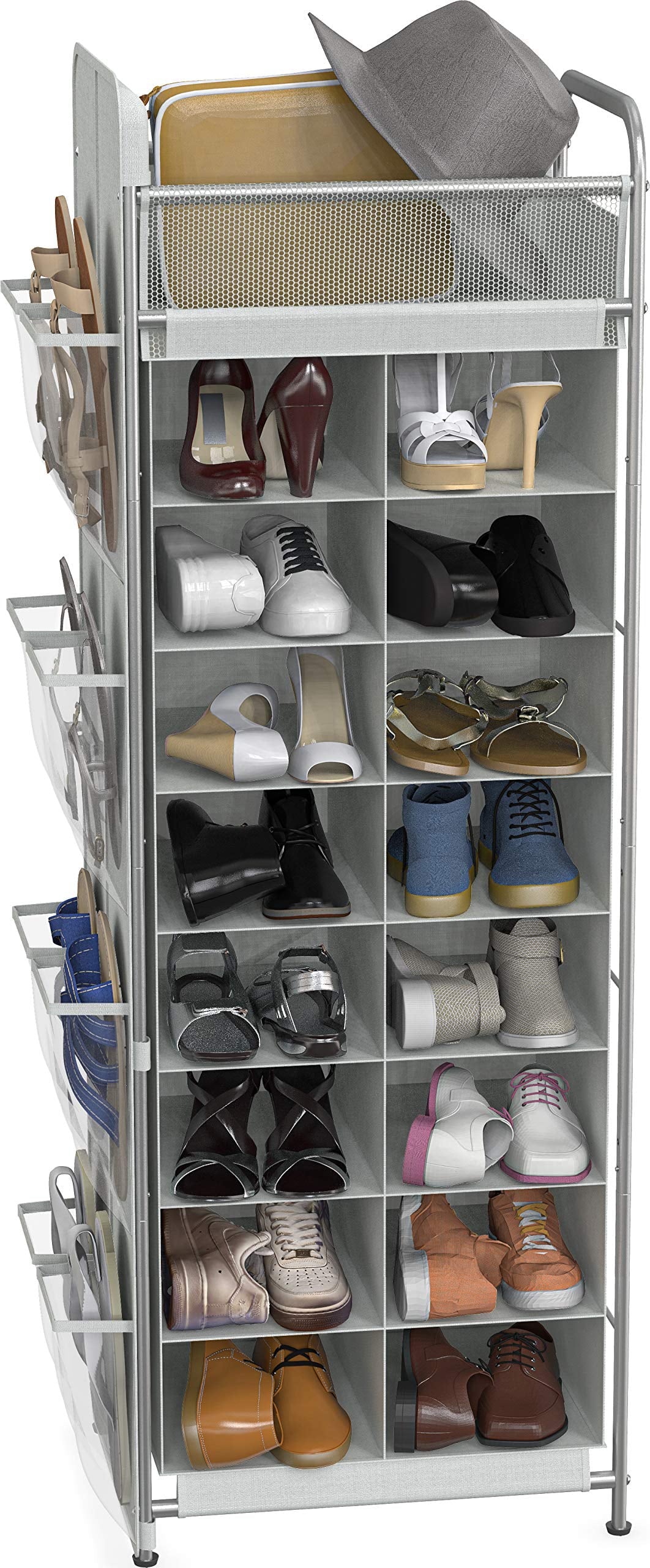 Simple Houseware Shoe Stand Tower Rack w/ side hanging bag 20-Pair， Grey