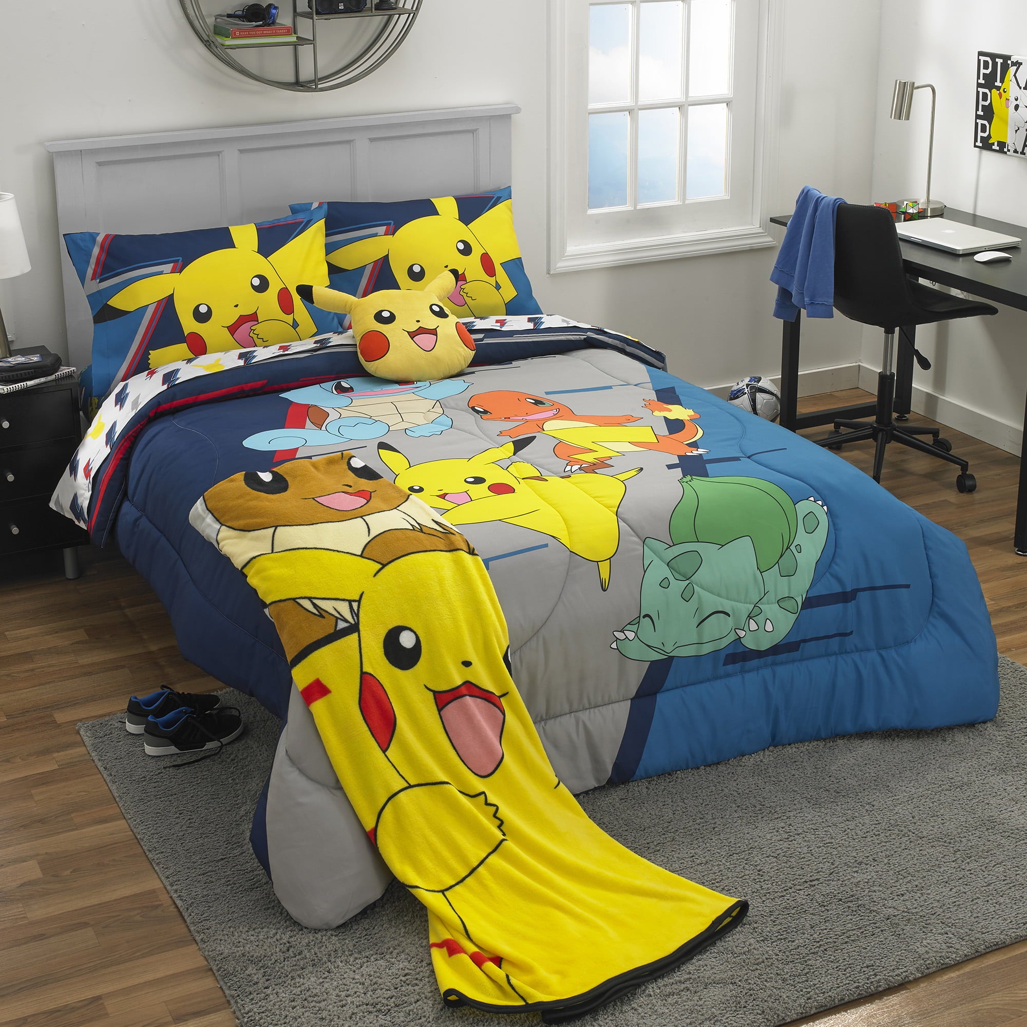 Pokémon Kids Comforter and Sham， 2-Piece Set， Twin/Full， Gaming Bedding， Reversible， Blue and Gray