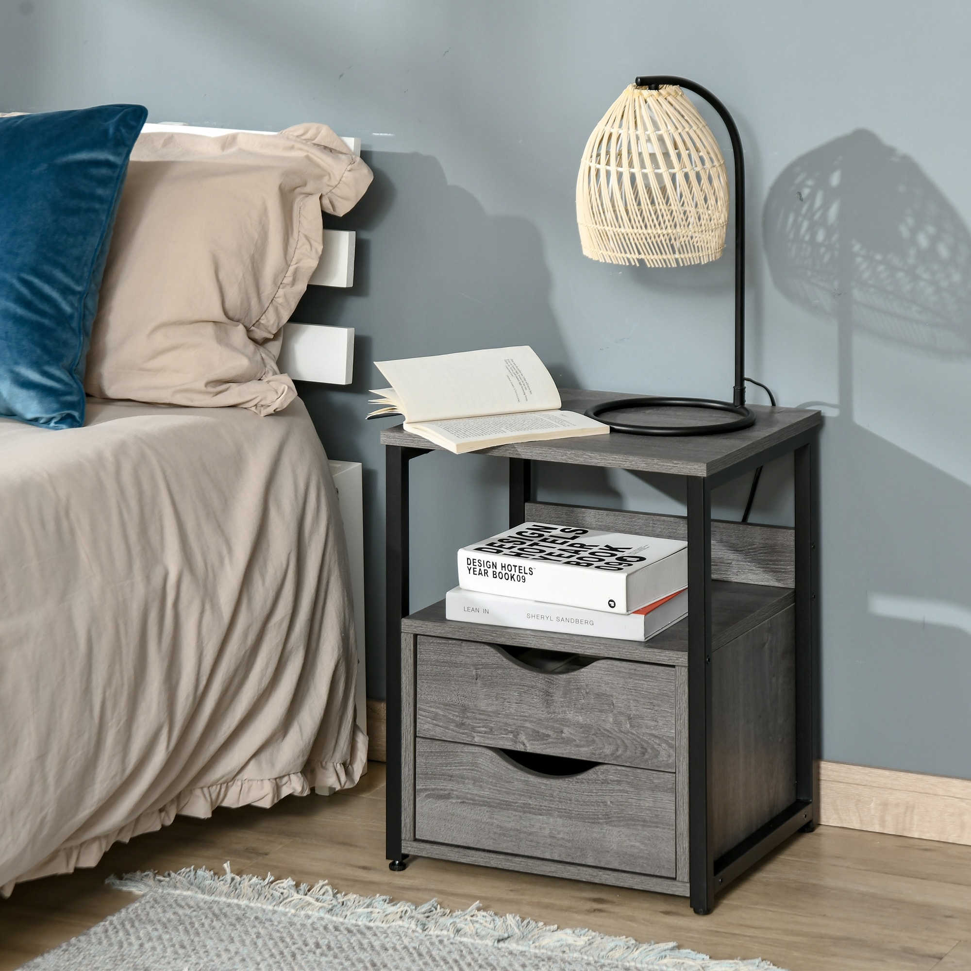 HOMCOM Industrial Side Table， Night Stand with 2 Storage Drawers Accent Piece for Living Room， Bedroom