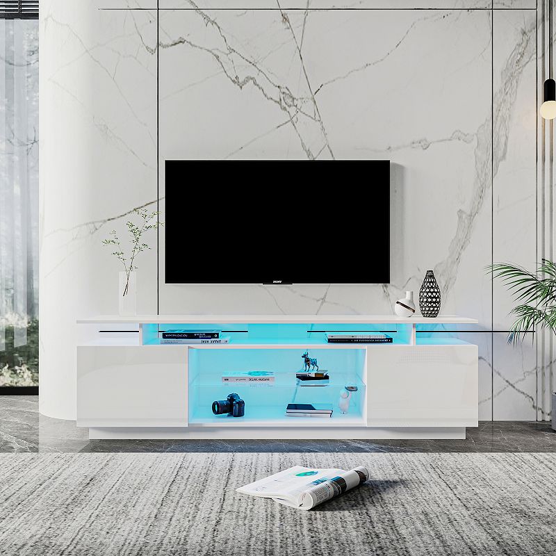 FC Design White TV Stand for 80 Inch TV Stands， Media Console Entertainment Center Television Table， 2 Storage Cabinet with Open Shelves for Living Room Bedroom