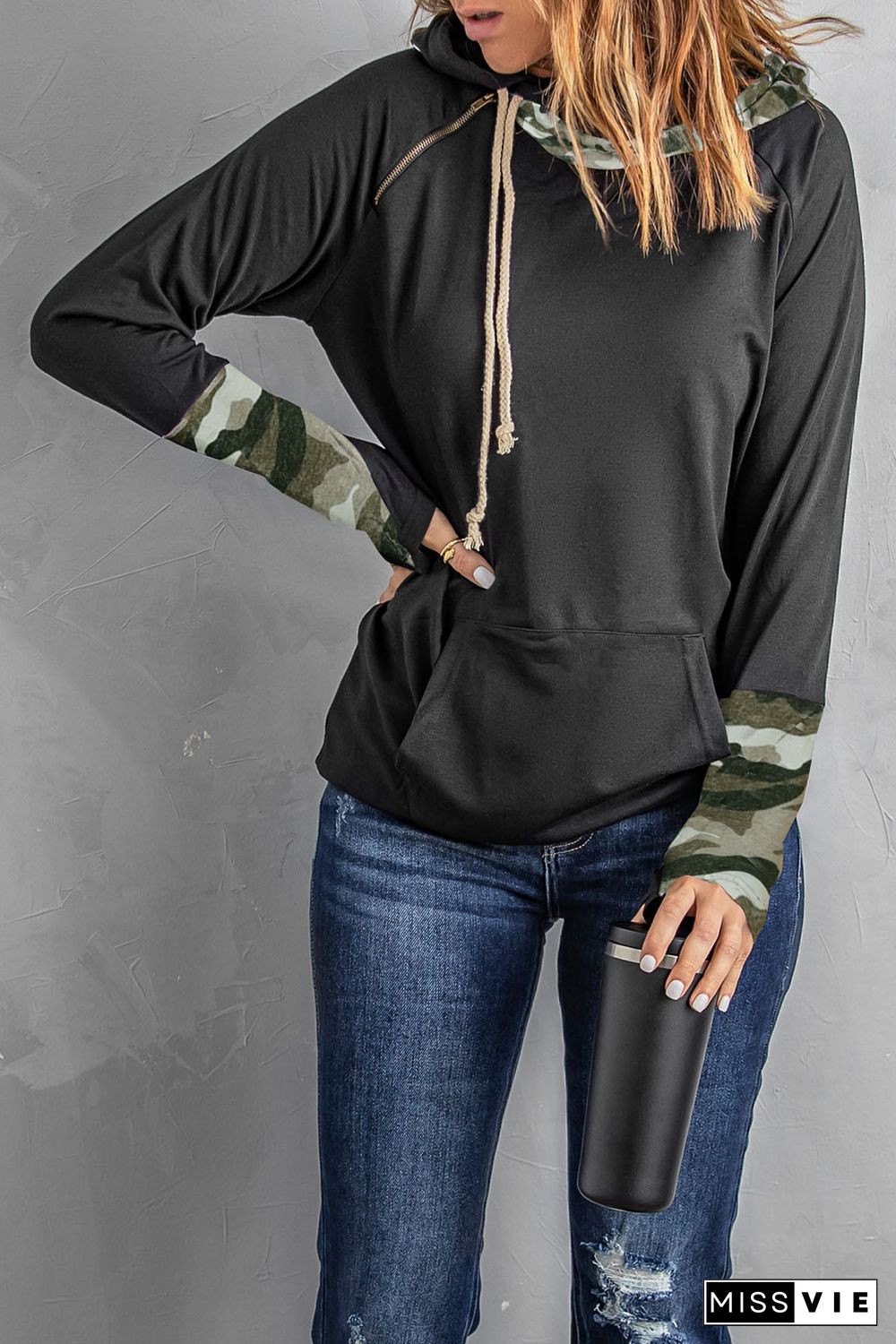 Camo Print Double Hoods Thumb Hole Hoodie