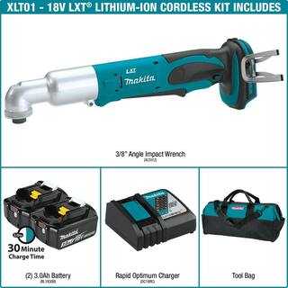 Makita 18V LXT Lithium-Ion 14 in. Cordless Angle Impact Driver Kit with (2) Batteries 3.0Ah Charger and Tool Bag XLT01