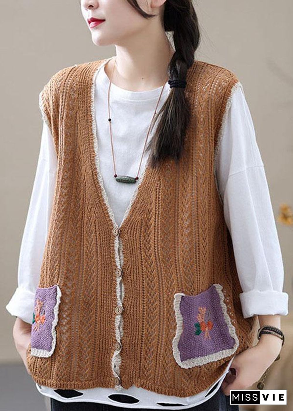 Style Khaki Embroideried Pockets Floral Fall Shirt Knit Vest Sleeveless