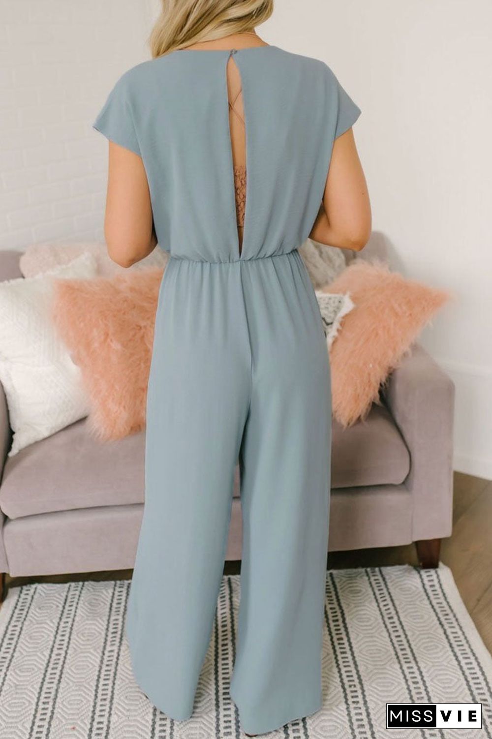 Fashion Street Solid Backless V Neck Loose Jumpsuits