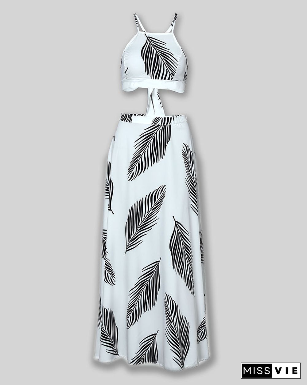 Leaf Print Backless Cami Top & Split Maxi Skirt Set