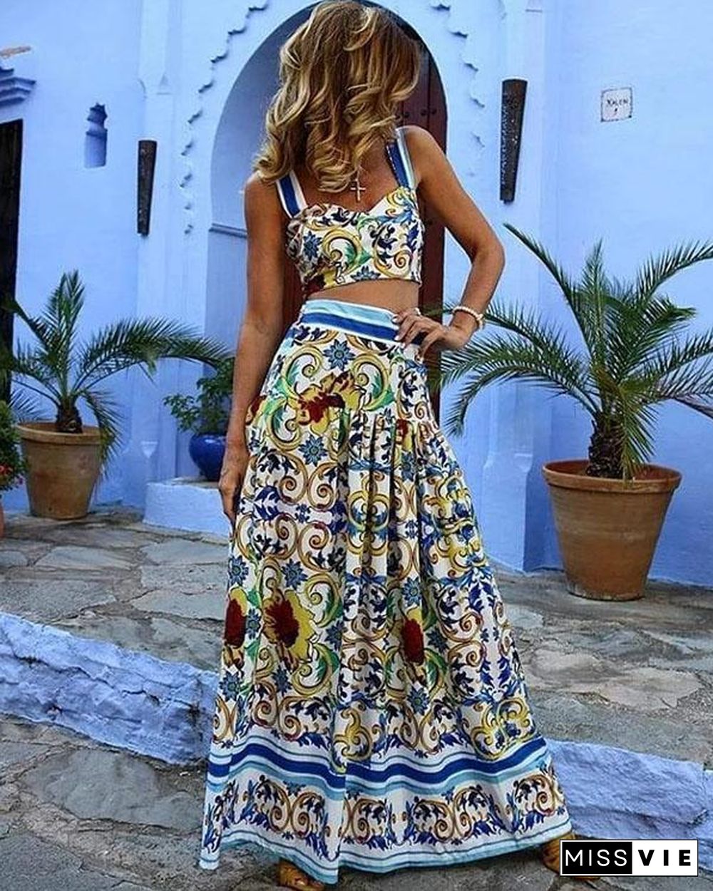 Green Floral Print V-neck Shoulder-Strap Two Piece Vacation Summer Maxi Dress