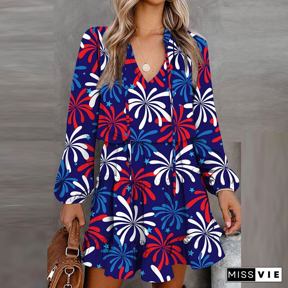 Vintage Floral Printed Mini Dress Women Casual Long Sleeve V Neck Lace-up Early Autumn Dress Fashion Loose Waist Ruffle Dresses