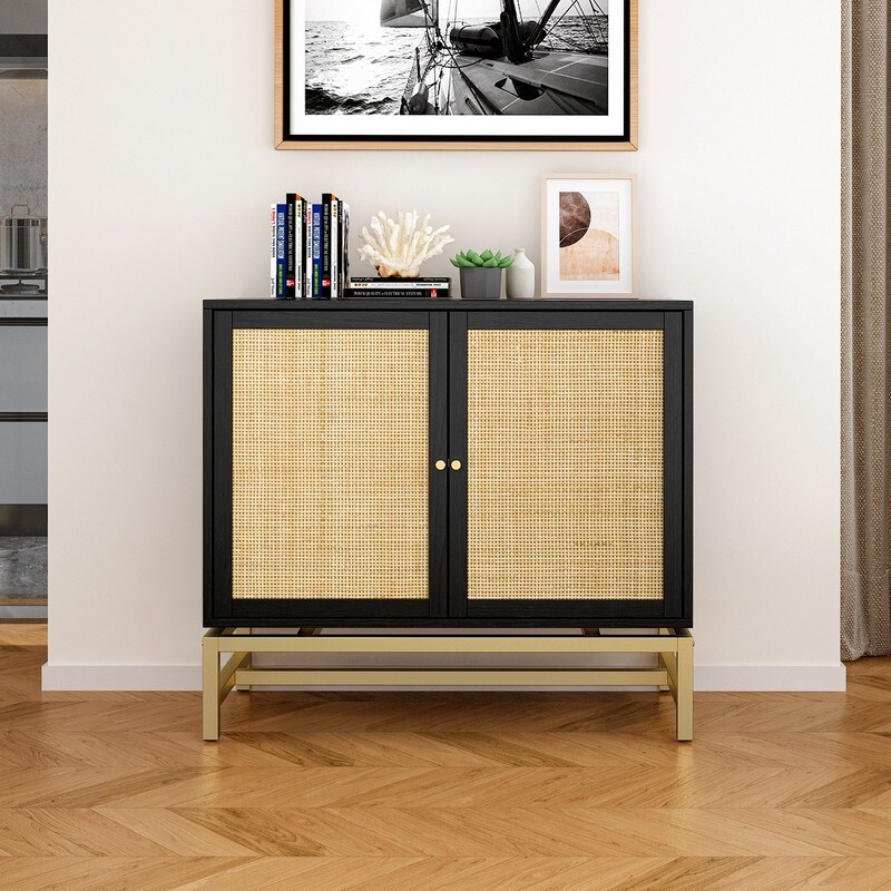 2 Door Accent Cabinet Storage Cabinet With Rattan Skin Decoration 1 Adjustable Inner Shelves For Dining Room and Living Room