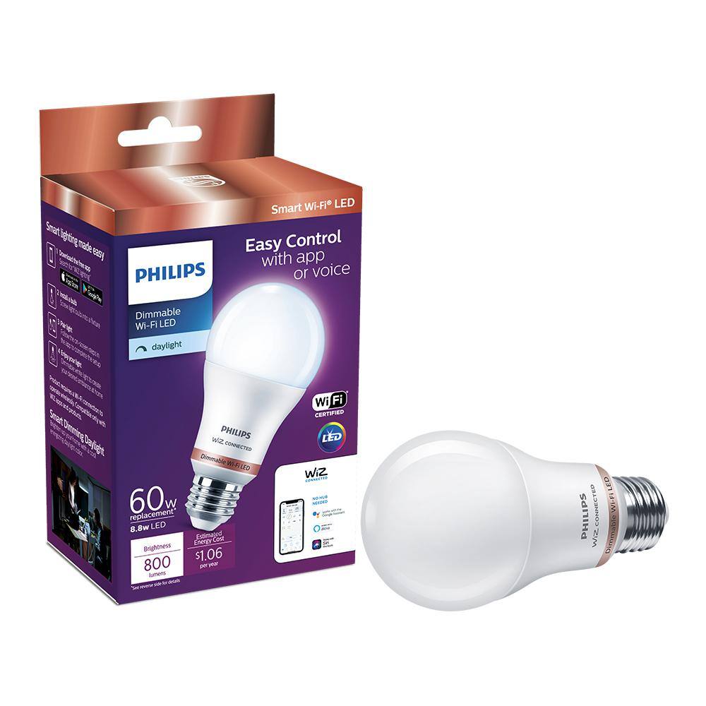 Philips 60-Watt Equivalent A19 LED Daylight (5000K) Smart Wi-Fi Light Bulb powered by WiZ with Bluetooth (1-Pack) 562587