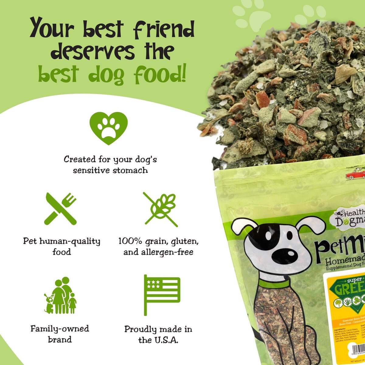 Healthy Dogma PetMix Super Green Grain-Free Supplemental Dog Food， 2-lb bag